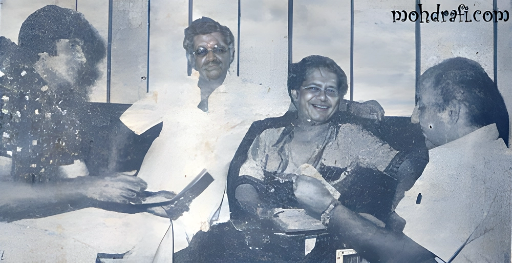 Mohammed Rafi with Amitabh Bachchan, Anand Bakshi and Laxmikant during the recording